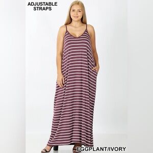 Zenana Outfitters Eggplant and Ivory Striped Maxi Dress